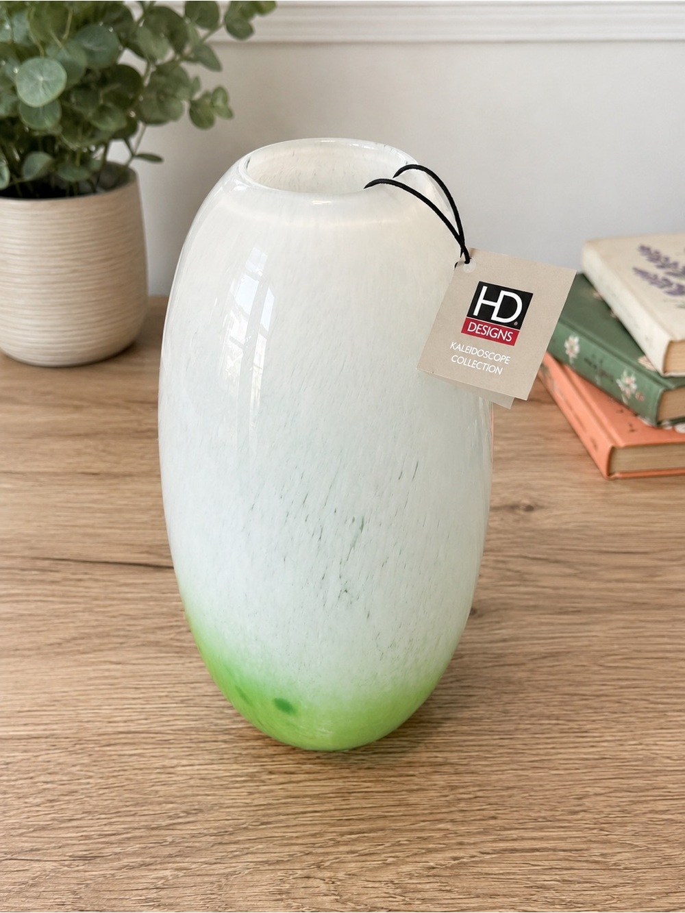 HD Designs Kaleidoscope Collection Handblown Glass Vase – White & Green